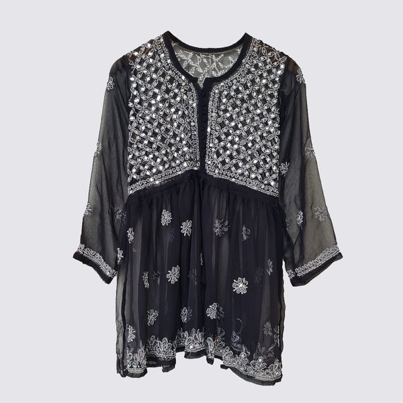Tops - Size- M, Chikankari black embroidered chiffon top